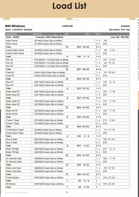 Optimised profile requirements for a Batch - full bars and offcuts
